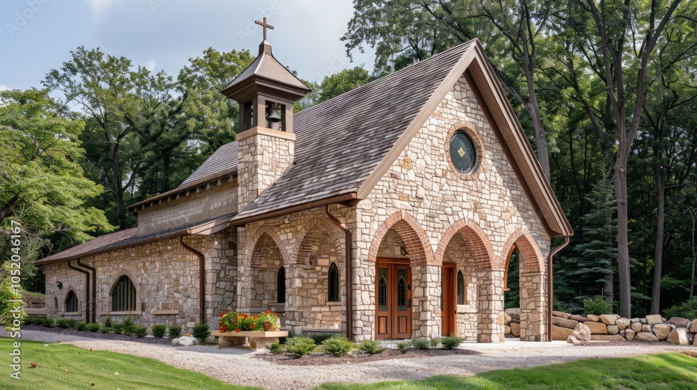 Rustic Romanesque Revival Chapel, featuring heavy arches, simplistic design, evokes a sense of spiritual serenity, surrounded by tranquil natural scenery. Rustic Romanesque Revival Chapel, featuring heavy arches, simplistic design, evokes a sense of spiritual serenity, surrounded by tranquil natural scenery.