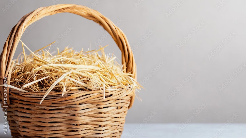 Wooden basket filled with straw, rustic centerpiece, countryside feel Wooden basket filled with straw, rustic centerpiece, countryside feel