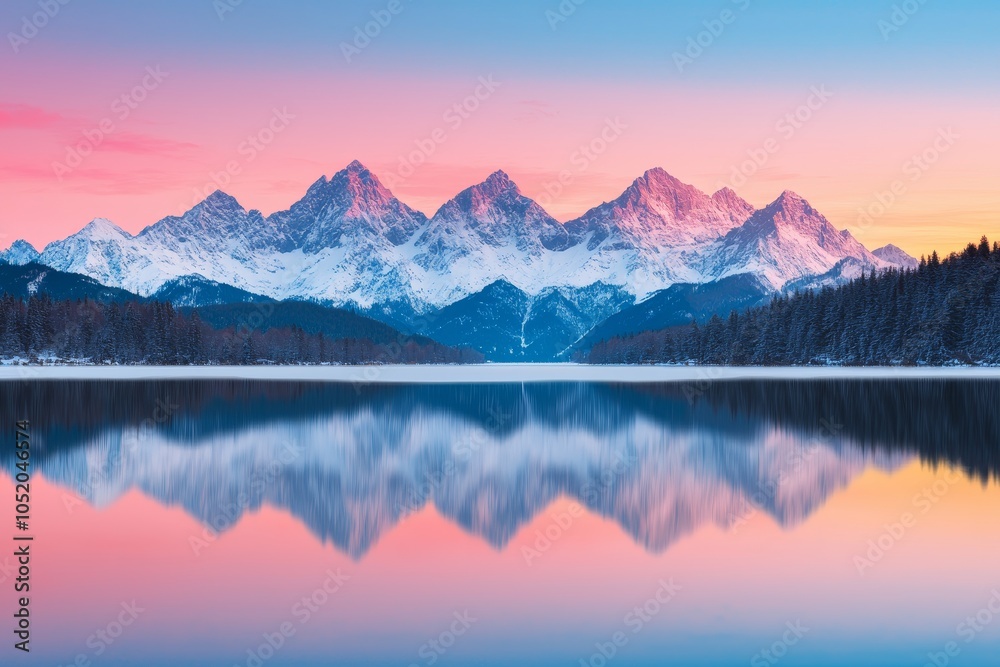 Pastel Sunset Paints Winter Mountains, Reflected in a Frozen Lake's Calm.