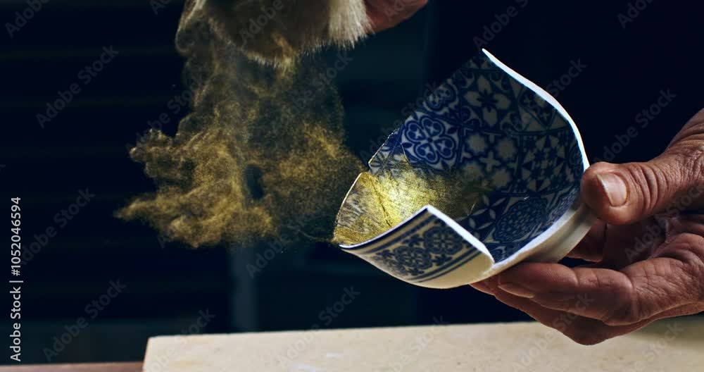 Super slow motion close up of painting brush is being moved with flying gold shimmer powder dust particles splash explosion isolated on soft dark background at 1000 fps.