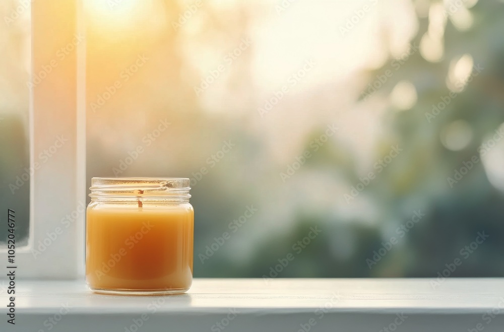 Cozy candle placed on a windowsill with warm glow during a serene winter evening Cozy candle placed on a windowsill with warm glow during a serene winter evening