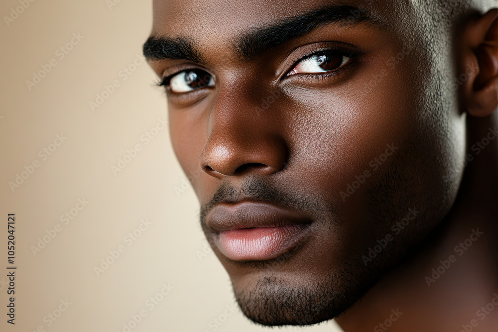 Obraz premium Man with a strong jawline and intense eyes, set against a neutral background