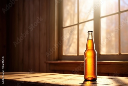 Beer bottle with blank label positioned near a window glass drink lager. photo