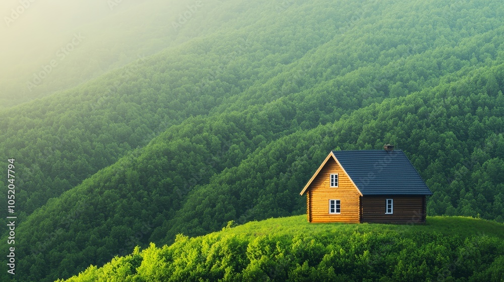Secluded Wooden Cabin nestled in a lush green forest, bathed in morning sunlight. Tranquil escape.