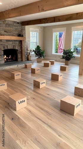 Two ballot boxes with VOTE labels are placed on a wooden table, surrounded by natural light and the American flag behind them photo