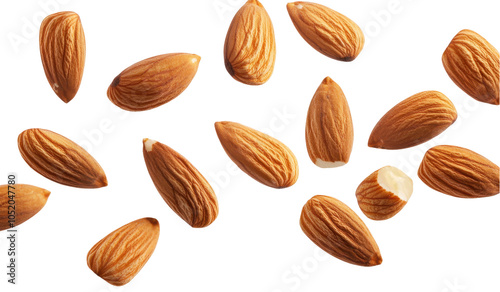 A scatter of raw almonds against a white background, showcasing their natural texture and shape. transparent background