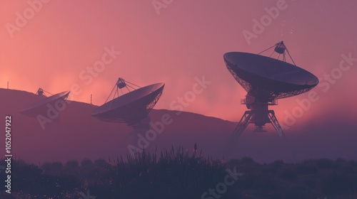 Satellite dish array gathering deep space data, silhouetted against a vibrant dawn sky, showcasing technology's role in exploring the cosmos at daybreak.