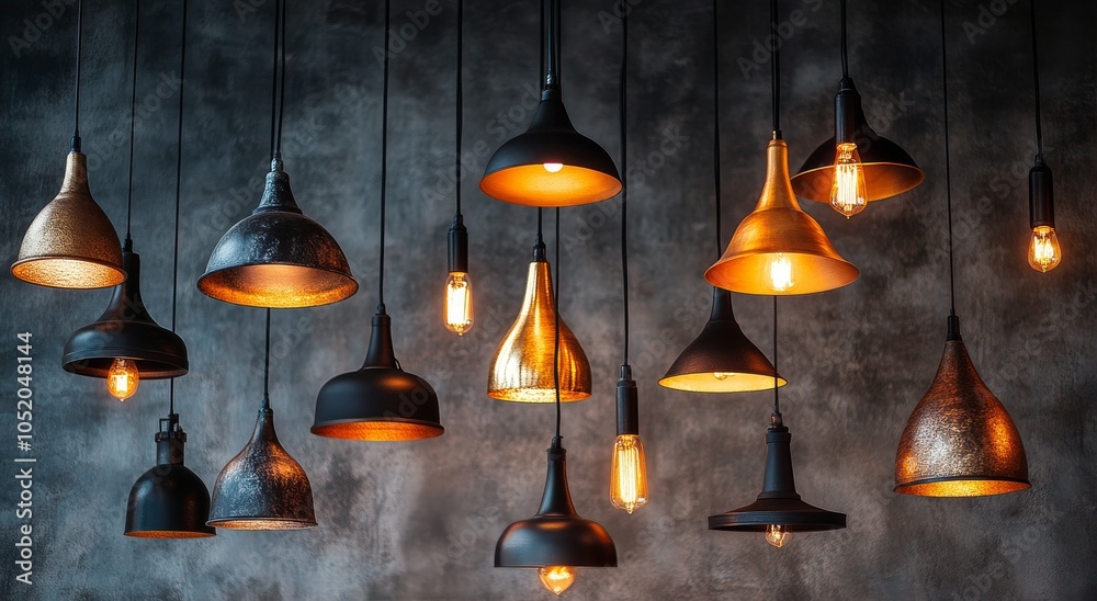 Obraz premium Stylish collection of black hanging lights in modern interior design setting with warm illumination
