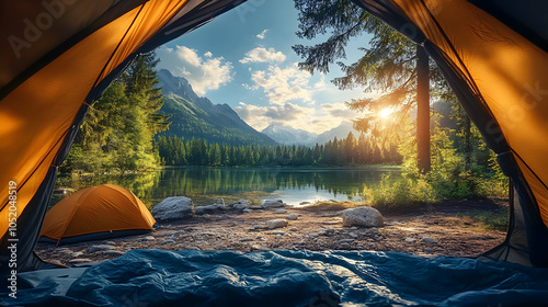 Tent View of Lake and Mount...
