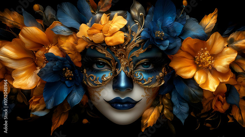 Golden Mask with Blue Flowe...
