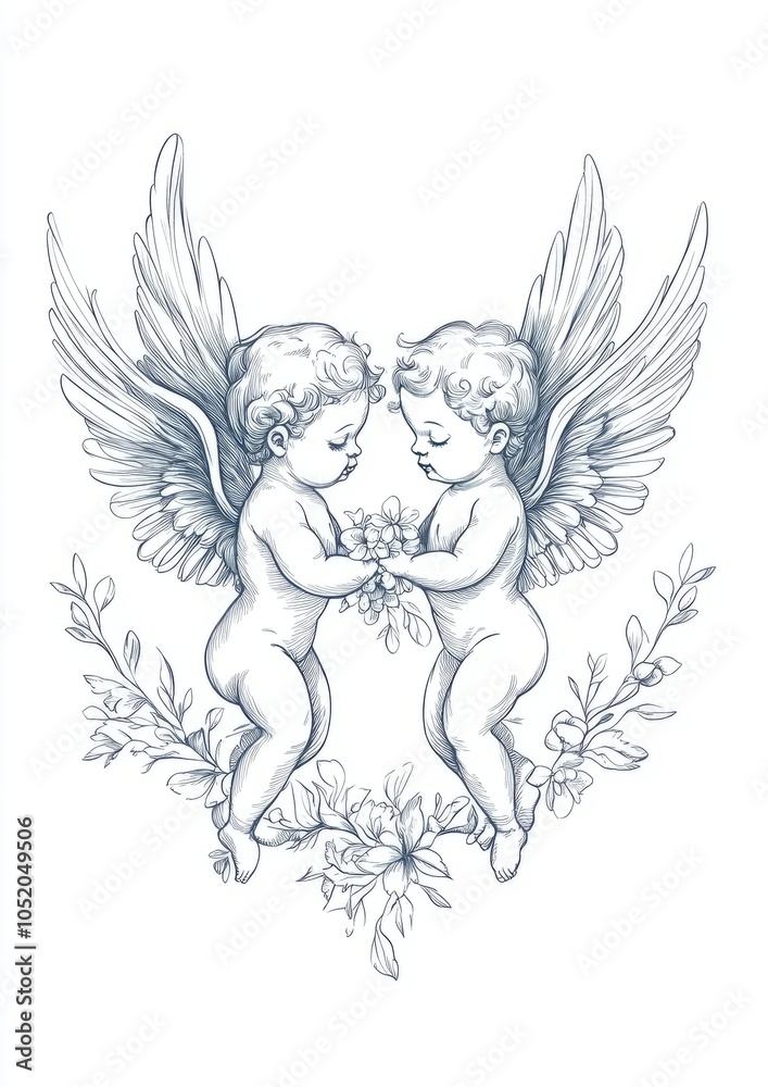 Fototapeta premium line-art of two cherubs simple, clean outlines 