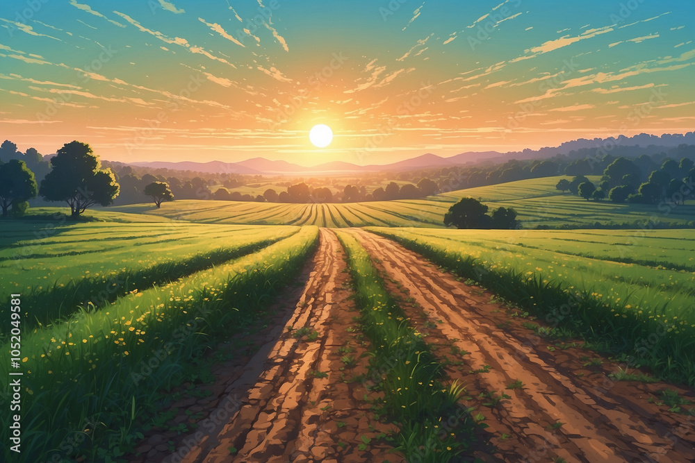Fototapeta premium Anime style, rural road through misty fields, sun rising behind trees, soft glow over green crops, tranquil