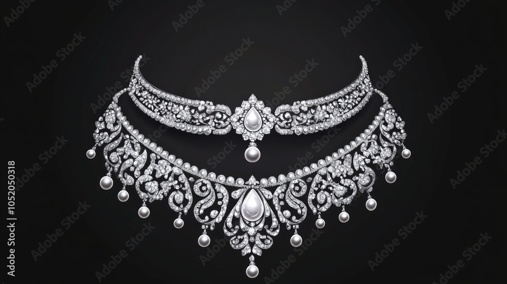 A silver necklace with pearlescent stones and intricate filigree designs against a black background.