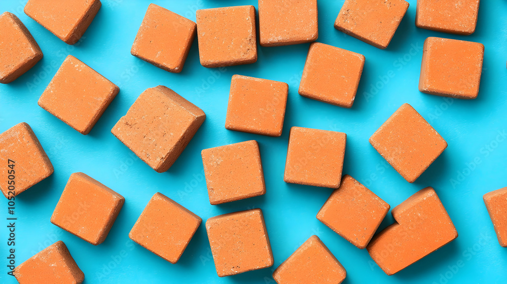 Orange Brick Blocks On Blue Background, bricks, red, pattern, texture, geometric Orange Brick Blocks On Blue Background, bricks, red, pattern, texture, geometric