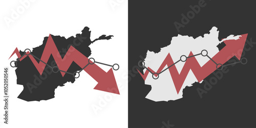 Afghanistan map with fall and recovery chart, statistics arrow. Vector illustration.