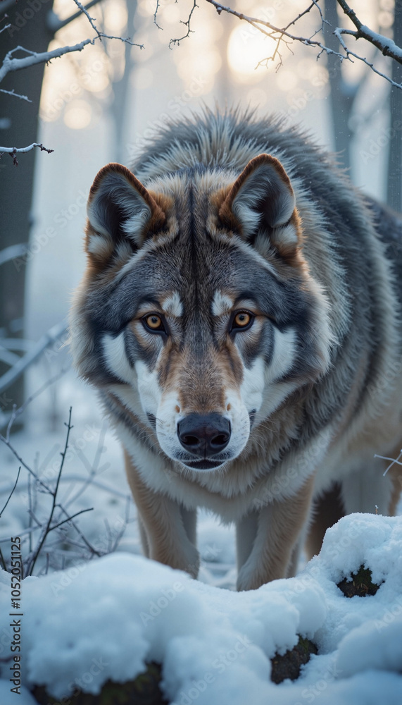 Obraz premium Majestic gray wolf standing in the snow with a blurred winter forest background