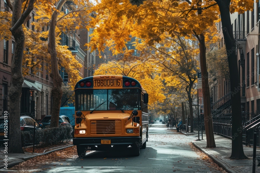 Obraz premium Photo of school bus in ney work city vehicle autumn car.