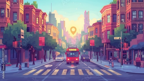 A colorful cityscape featuring a bus on a vibrant street with urban buildings under a sunset sky.