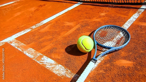 Tennis Racket and Ball on Clay Court, sport, game, competition, match, outdoor photo