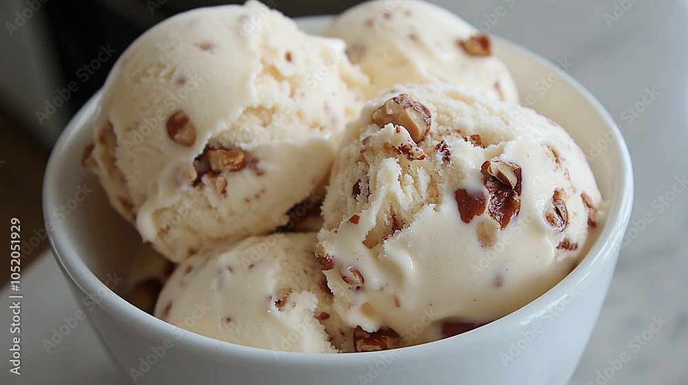 Vanilla ice cream with hazelnut on a bowl close-up Vanilla ice cream with hazelnut on a bowl close-up