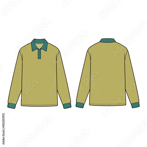 Vector illustration of a long sleeve polo shirt featuring a collared neckline, button placket, and ribbed cuffs, ideal for fashion flats, apparel templates, and tech packs.


