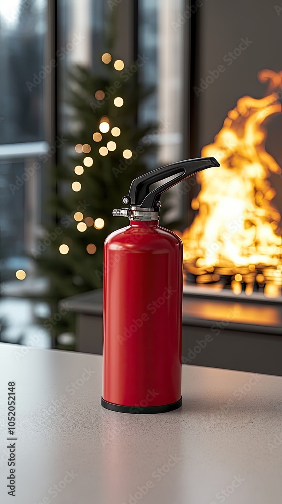 Fototapeta premium The fire extinguisher stands ready on the counter as flames erupt from the gas stove, highlighting the need for fire safety awareness