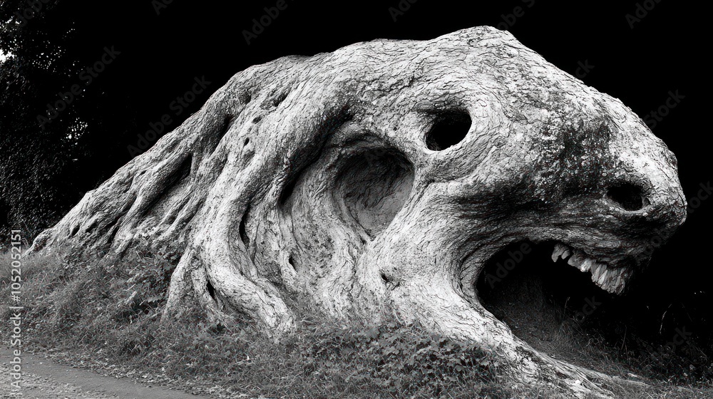 A gnarled tree trunk with a skull-like shape and a gaping maw