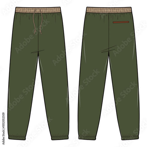 Vector illustration of sweatpants with a relaxed fit, elastic waistband with drawstring, and ribbed cuffs, ideal for fashion flats, apparel templates, and tech packs.

