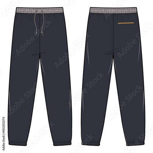 Vector illustration of sweatpants with a relaxed fit, elastic waistband with drawstring, and ribbed cuffs, ideal for fashion flats, apparel templates, and tech packs.


