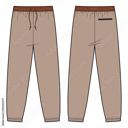 Vector illustration of sweatpants with a relaxed fit, elastic waistband with drawstring, and ribbed cuffs, ideal for fashion flats, apparel templates, and tech packs.

