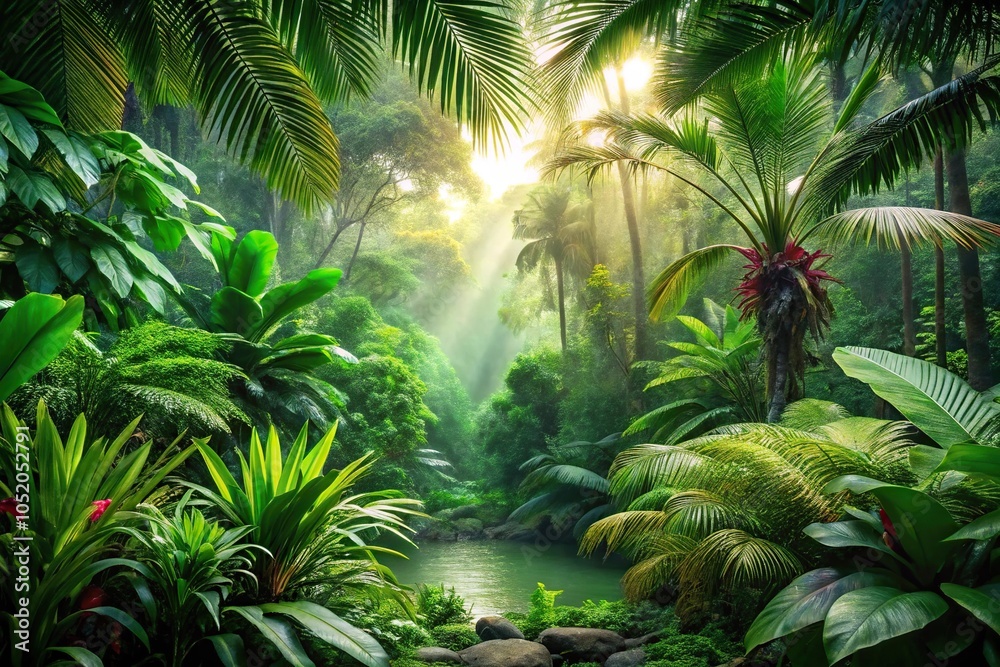 A beautiful and vibrant jungle scene with exotic green plants and trees, plant life, dense jungle, vegetation A beautiful and vibrant jungle scene with exotic green plants and trees, plant life, dense jungle, vegetation