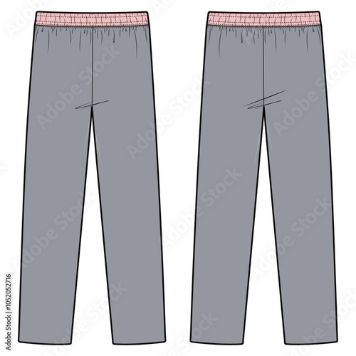Vector illustration of track pants with a tapered fit, elastic waistband with drawstring, side stripes, and ankle cuffs, ideal for fashion flats, apparel templates, and tech packs.

