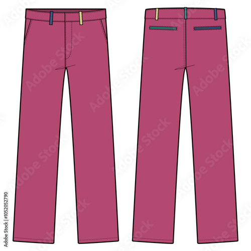 Vector illustration of wide-leg pants with a high waist, relaxed fit, and straight silhouette, ideal for fashion flats, apparel templates, and tech packs.

 photo