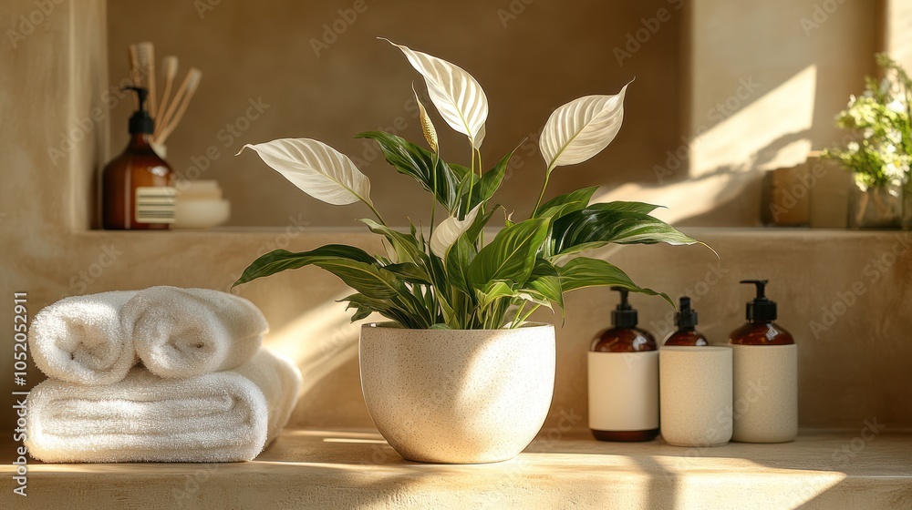 White Peace Lily Plant in a Speckled Pot on a Shelf with Towels and Bottles White Peace Lily Plant in a Speckled Pot on a Shelf with Towels and Bottles