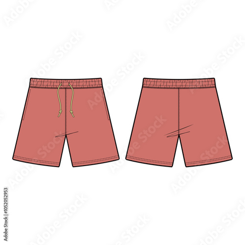 Vector illustration of shorts with a relaxed fit, elastic waistband with drawstring, and side pockets, ideal for fashion flats, apparel templates, and tech packs.

