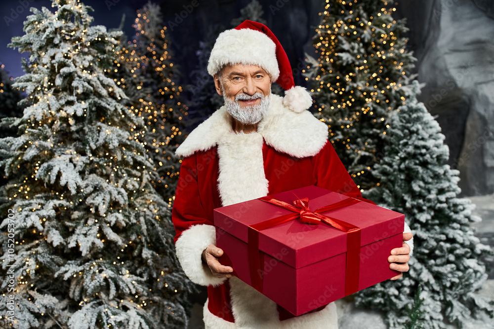 Santa warmly presents a beautifully wrapped gift amidst sparkling winter trees and twinkling lights. Santa warmly presents a beautifully wrapped gift amidst sparkling winter trees and twinkling lights.