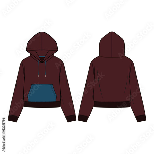 Front and back view technical flat of a cropped hoodie with a drawstring hood, kangaroo pocket, and ribbed cuffs, shown in teal and purple.
