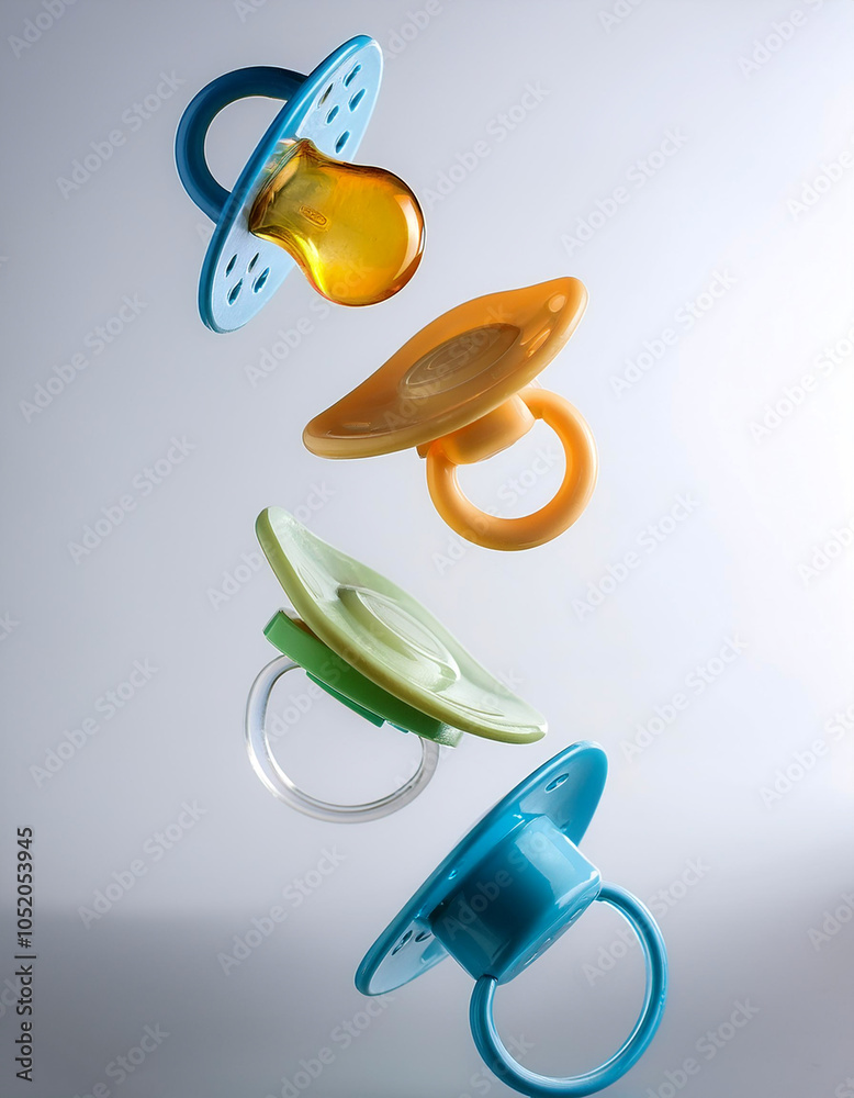 Baby supplies pacifiers floating or flying isolated white background Baby supplies pacifiers floating or flying isolated white background