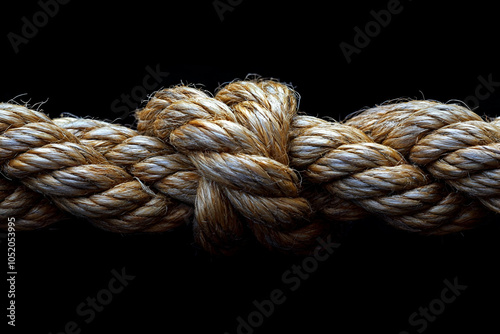 A detailed close-up of intertwined natural fibers of rope against a black background, showcasing texture and craftsmanship.