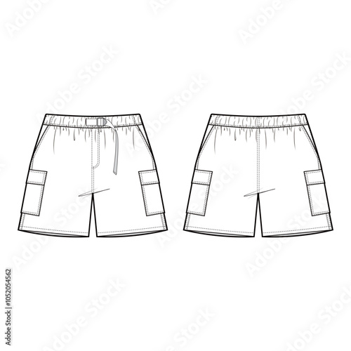 Front and back view technical flat of cargo shorts with elastic waistband, drawstring, and side pockets, illustrated in a minimalist outline style.
