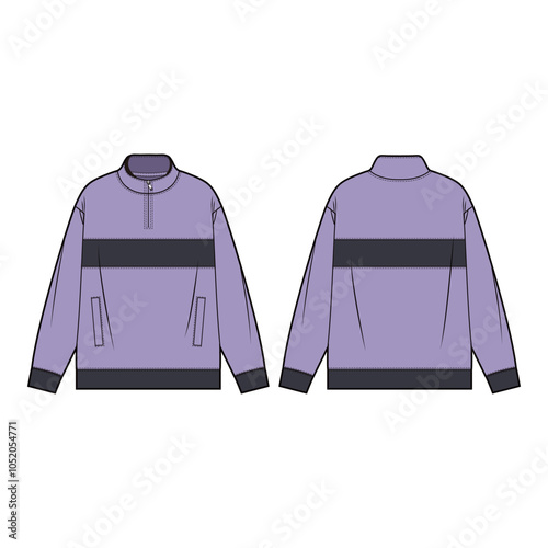 Front and back view technical flat of a pullover jacket with half-zip closure and kangaroo pocket, shown in a minimalist outline style.
