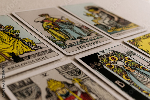 Spread Tarot cards symbolizing intuition and mystique. Perfect for themes of divination and spiritual growth. Suitable for blogs.