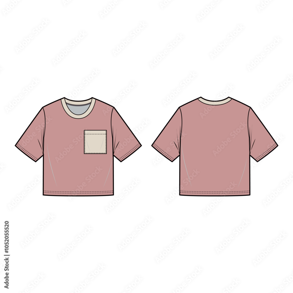 Vector illustration of a crop top tee with a fitted cut, short sleeves, and crew neck, ideal for fashion flats, apparel templates, and tech packs.
Vector illustration of a crop top tee with a fitted cut, short sleeves, and crew neck, ideal for fashion flats, apparel templates, and tech packs.