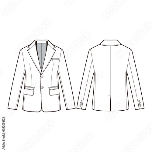 Technical flat of a classic blazer in front and back views, featuring notched lapel, buttons, and pocket details, designed in a minimalist outline style.

