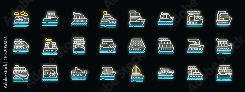 Neon icons depicting diverse types of ships navigating the water, showcasing different vessels and maritime activities