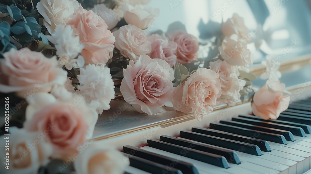 Close-up soft pink roses on a piano
