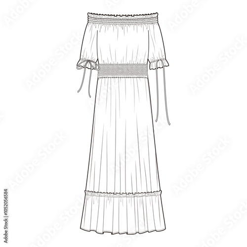 Back view technical flat of an off-the-shoulder maxi dress with smocked bodice, ruffled sleeves, and long side ties in a minimalist outline style.
