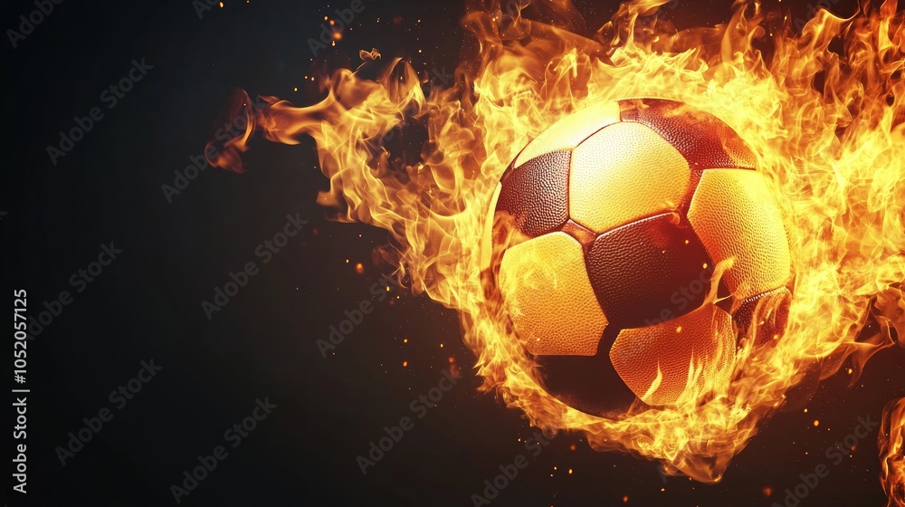 Fototapeta premium A soccer ball engulfed in flames against a black background.