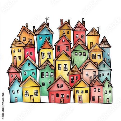 There are rows of colorful houses in this illustration. The houses are all different colors and sizes. This illustration could be used for a cover, card, postcard, interior design, banner, poster,