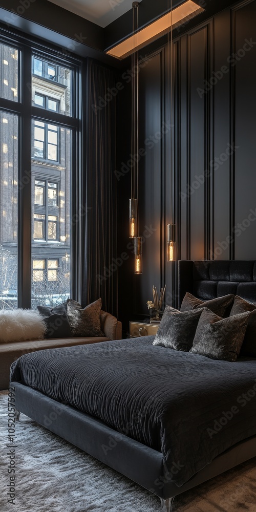 Fototapeta premium Elegant bedroom interior design featuring dark tones and modern furnishings in urban setting